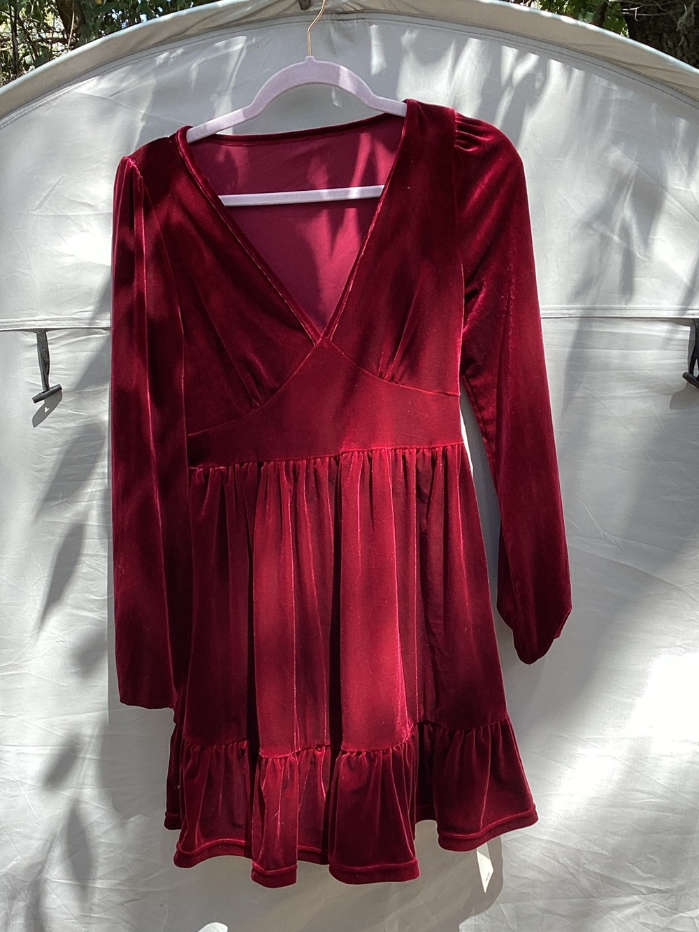 HALARA Wine Red Velvet Long-Sleeve V-Neck Mini Dress